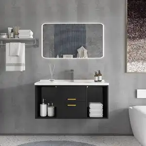 Tocador flotante montado en la pared para baño, conjunto de gabinete con encimera de resina, Moderno