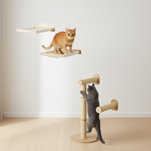 Árbol para gatos montado en la pared de 2 niveles con hamacas de madera y postes de salto para gatos de interior - Product Image 2