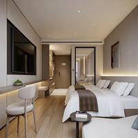 Ensemble de lit king size en bois massif pour chambre d'hôtel commerciale avec panneau mural LED intégré, écologique et moderne pour l'hôtellerie