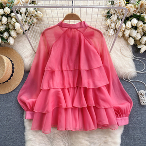 Blouses décontractées à manches longues et nœud à volants pour femmes, chemises à manches bouffantes, hauts doux pour dames, vêtements - Product Image 4