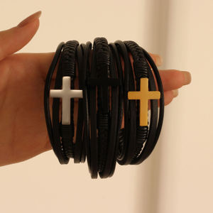 Cross Stainless Bracelet with Clasp Leather <b>Men</b> Bracelet - Product Image 3