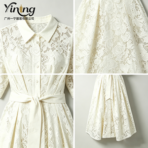 Abito <span class=keywords><strong>Midi</strong></span> A-Line da Donna Personalizzato OEM ODM, Bianco, Casual, in <span class=keywords><strong>Chiffon</strong></span>, con Colletto, Bottoni Frontali, Maniche Trasparenti in Pizzo, Vita Annodata e Finiture in Pizzo - Product Image 3