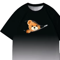 T-shirt à manches courtes noir pour homme avec imprimé ours de dessin animé et fermeture éclair, col rond décontracté, coupe régulière, tissu jersey 100% coton