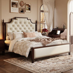 Cama Doble Americana de Lujo Moderno de 1.8m con Estructura de Madera Sólida y Tapicería de Tela, con Botones, en Nogal y Roble para Dormitorio Principal - Product Image 1