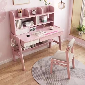 Silla de escritorio de estudio para niños de madera maciza de estilo Popular para estudiantes de escuela en casa, escritorio para niñas con combinación de estantería - Product Image 1