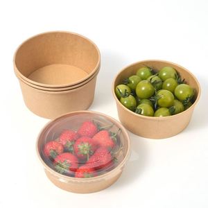 Bol à salade jetable en papier kraft écologique, compatible micro-ondes, pour camping, 300 pièces, emballage carton, biodégradable, résistant à la graisse, avec couvercle rond à emporter - Product Image 1