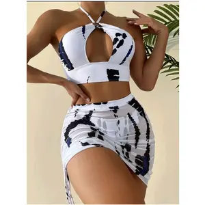 Three Piece Bathing Swimming Suits Women Summer Print Mesh Drawstring Skirt Bikinis Set Beachwear