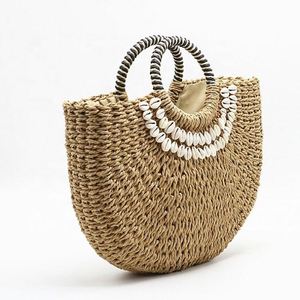 Bolso de mano de playa de papel para mujer, estilo cesta, con asa de anillo y decoración de conchas, tendencia de verano, venta al por mayor - Product Image 3