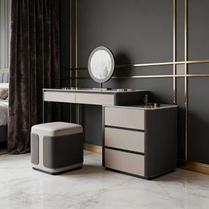 Cómoda italiana minimalista con superficie de piedra, tocador integrado de cuero y madera maciza - Product Image 3