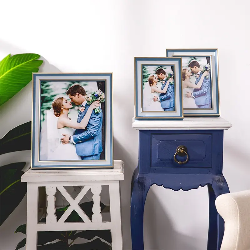 EAGLEGIFTS Cadre photo de table en plastique bleu blanc or pliant et debout Souvenir de mariage Cadres photo de saison multi-tailles