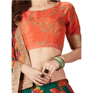 Refrescante verde oscuro estampado floral Organza seda boda Lehenga Choli con blusa naranja - Product Image 1