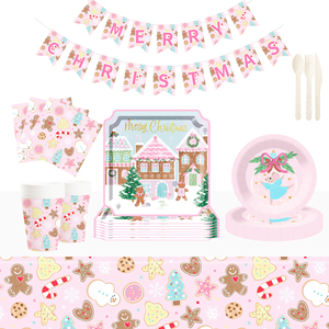 DAMAI Christmas Party Supplies Pink Gingerbread Party Decorations Gingerbread House Cookie Christmas Disposable Tableware Set - Product Image 1