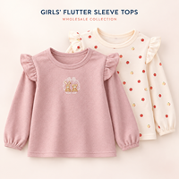 Op maat gemaakte meisjes shirts met vlindermouwen, lange mouwen, basislaag, kinder- en peuter shirts met ronde hals, OEM ODM groothandel leverancier