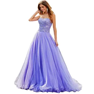 Gorgeous A Line Lavender Evening Gown Shining Beading Tulle Evening Dress Strapless Backless Zipper Prom Dress