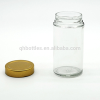 Pot en verre ergonomique rond et haut de 380 ml avec couvercles métalliques à anse profonde, facile à remplir et à distribuer pour le miel, les noix, les épices, les sauces, la tequila
