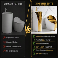 Ensemble de salle de bain moderne XINFUMEI avec accents dorés, lavabo sur pied et toilettes blancs mats, pour projets hôteliers de luxe, vente en gros B2B