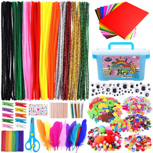 Diy Arts Craft Kit Pipe Cleaners Feathers Pom Poms Buttons For Kids Children Crafting Supplies With Storage Box - Product Image 1