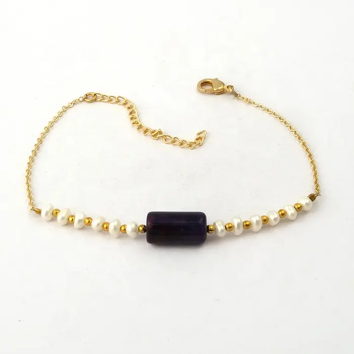Perhiasan mutiara cantik dengan batu permata jasper ungu, perhiasan berlapis emas dapat diatur penutup rantai kabel perhiasan trendi putih dengan manik-manik