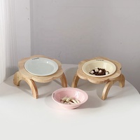 Gamelle en céramique peu profonde pour animaux de compagnie, design soucoupe volante, avec base en bois, pour la protection cervicale des chats et des chiens, pour une alimentation confortable