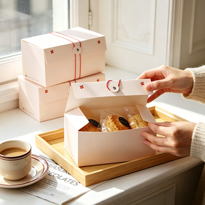 Boîtes à pâtisserie mates personnalisées OEM/ODM, emballages jetables pour <span class=keywords><strong>boulangerie</strong></span> avec cordon rouge et fermeture à bouton - Product Image 4