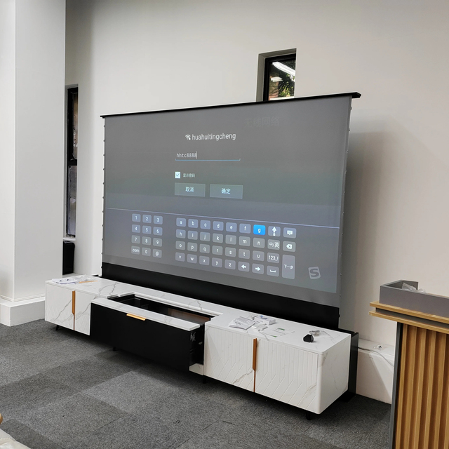 Home Cinema ultra Short Throw Laser Projector CBSP 100 Inch Motorized Floor up Rising Clr Alr Projection Screen with Cabinet
