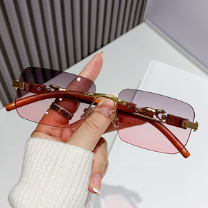 Cheetah Decorated Wood Grain Frameless <b>Sunglasses</b> <b>Gradient</b> Color Unisex Retro Metal UV400 Protection - Product Image 3