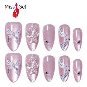 Miss Gel 32 pièces Faux ongles à presser imperméables rose mauve effet œil de chat magnétique, forme amande longue, avec nœud, paillettes argentées et fleurs 3D, style salon - Product Image 1