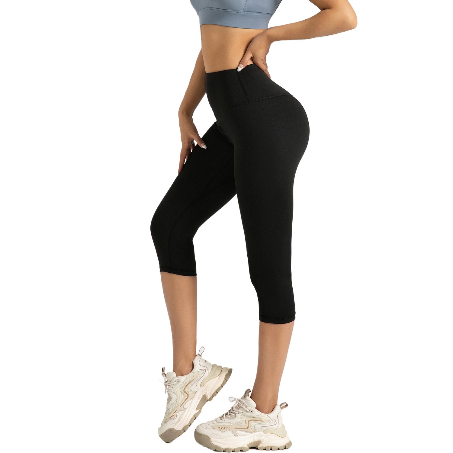 Women High Waist Stretchy Fabric Capri Length Gym Leggings Butt Lifting Contour Workout Pilates Athletic Running Capris