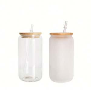 Vaso de Vidrio Transparente Esmerilado con Forma de Lata de Refresco para Sublimación, con Tapa y Pajita, en Tamaños de 12oz, 16oz y 25oz, Disponible para Envío Inmediato (RTS) - Product Image 1