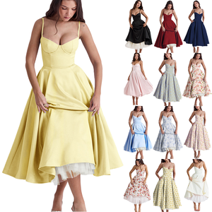 <span class=keywords><strong>Vestido</strong></span> de verano estampado de <span class=keywords><strong>corte</strong></span> <span class=keywords><strong>princesa</strong></span>, malla francesa grande, Sexy, hasta el suelo, correa de espagueti, técnica tejida de gasa, patrón sólido - Product Image 4