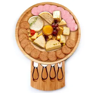 Vassoio da portata di salumi con cassetto scorrevole per cracker di vino carne di Brie tavola rotonda di formaggio di bambù e Set di coltelli