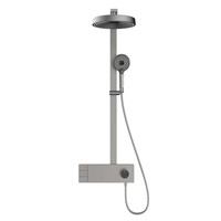 Ensemble de douche mural en acier inoxydable brossé avec pommeau de pluie en céramique, barre coulissante à poignée unique et robinet sur pied pour usage hôtelier