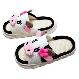 Cute Cartoon Cow Linen Slippers Indoor Anti Slip and Warm Plush Shoes Soft house shoes for women