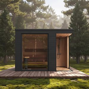 La moderna sauna de madera Serene en los Alpes presenta un diseño ecológico con una vista panorámica de los bosques. - Product Image 5