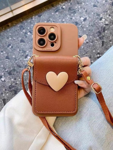 Love Heart Coin Purse Card Holder Crossbody Rope Shoulder Strap for iPhone 16 Pro Max 17 14 13 12 11 Shockproof Protective Cover