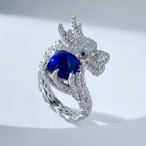 แหวนเงินแท้ S925 ลายมังกรจีนประดับเพชรและพลอยแซฟไฟร์ทรงน้ำตาล 8*8 มม. รุ่น Longlongjin New สำหรับผู้หญิง - Product Image 4