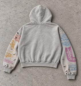 hongguan Streetwear Customized <b>Vintage</b> Street Wear Loose Fit Studded Letter Sleeve Print Men's Distressed Zip Up <b>Sweatshirt</b> - Product Image 3