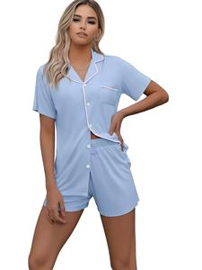 Set piyama wanita seksi, baju kancing pinggang elastis, set piyama malam pola polos adem Logo depan XL untuk musim semi musim panas musim gugur - Product Image 1