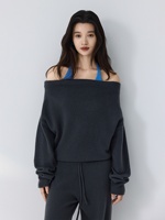Nouveau pull en cachemire tricoté à épaules dénudées pour femme, coupe ample, polyvalent, col licou, manches longues, style coréen, collection automne/hiver