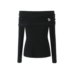 Top de punto de manga larga con hombros descubiertos Happy Plus, negro, talla grande, para mujer, suave, de color sólido. - Product Image 4