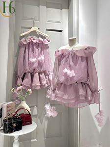 Robe Courte Épaules Dénudées à Volants, Manches Longues, Style Vietnamien, pour Soirée, Féminine et Élégante, Tissée, Séchage Rapide, avec Applique Florale 3D - Product Image 6