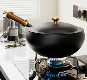 Wok Negro de Lujo 2026 con Mango de Madera y Tapa con Perilla de Latón, 28 cm, Antiadherente, Apto para Inducción, para Cocina Casera, Sartén para Saltear - Product Image 2