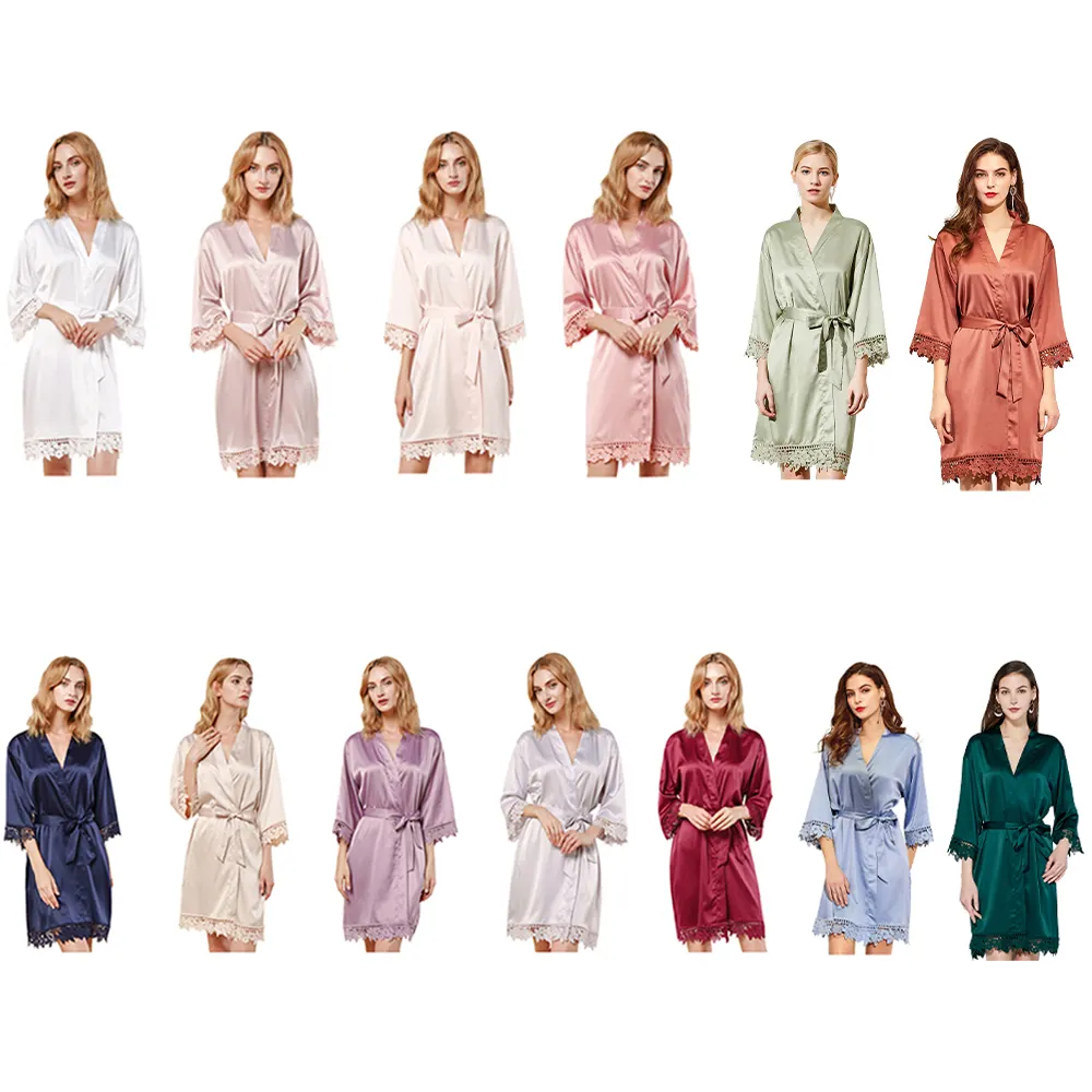 Fabrik Großhandel Artikel 3031 Rose Lace Seidige Satin Kimono Robe für Mädchen Party Braut und Brautjungfer Roben für Braut party