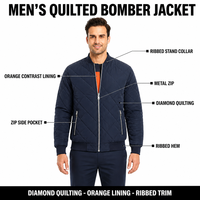 Blouson Bomber matelassé pour homme OEM, col montant côtelé, fermeture éclair métallique, doublure contrastante orange, léger et rembourré, idéal pour l'hiver, logo personnalisé