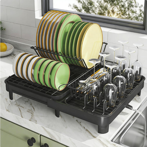 Removable Self-Draining Cup Holder <b>Dish</b> and Bowl Black Drainer Metal Drying Storage Organizer Rack With Drainboard for Kitchen - Product Image 1