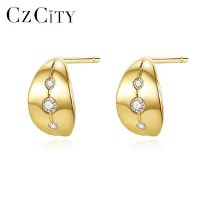 Hoop Earrings Silver CZCITY Trendy 925 Sterling Silver Minimalist Vintage Matte Wide Hoop Huggie Women Cubic Zirconia Jewelry Earrings