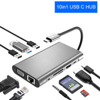 Base de Conexión Tipo-C 10 en 1, HDTV 4K, USB 3.0, PD 100W, Lector de Tarjetas SD y TF, VGA, Audio de 3.5mm, RJ45, para Teléfono Móvil, PC, Portátil, Macbook, HUB USB-C