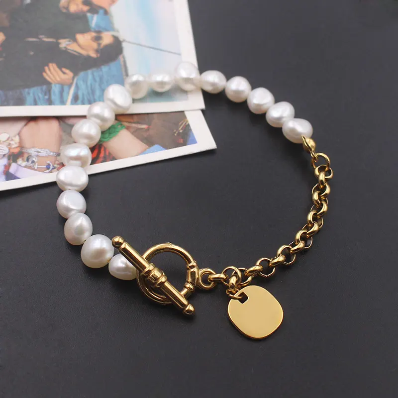New Design Charm Nature Baroque Pearl freshwater Pearl Bracelet Jewelry Mixed With Gold Stainless Steel Chain Bracelets