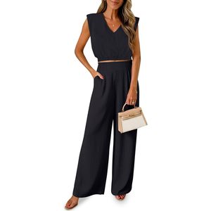Custom Women's 2 Piece Set Sleeveless V Neck <b>Crop</b> <b>Top</b> Wide Leg Pants Casual Summer Outfit Vacation Beach Wear - Product Image 1