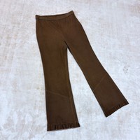 Nouvelle Arrivée Pantalon Vintage Imperméable Taille Haute Élastique en Cuir Véritable de Mouton Rayé à Ourlet Volanté pour Femme